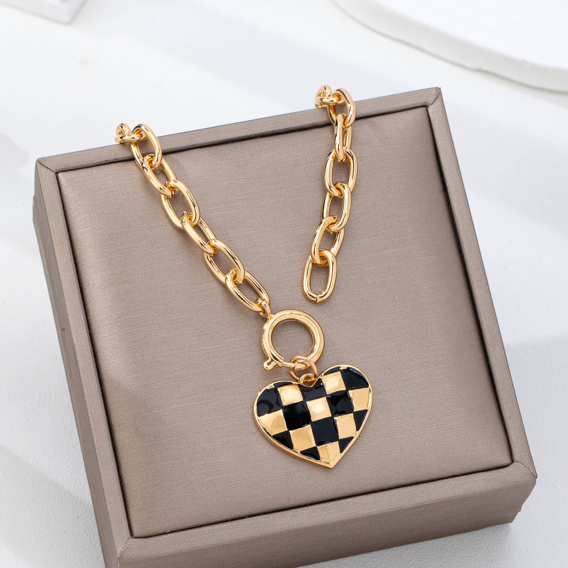 Checkered Heart Toggle Necklace
