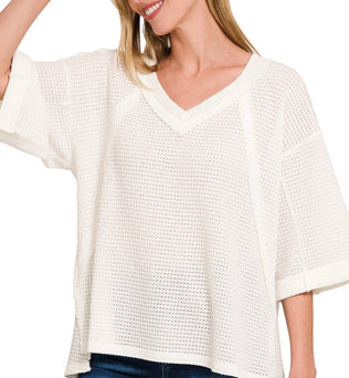 Brushed Waffle Exposed Seam 3/4 Sleeve Top