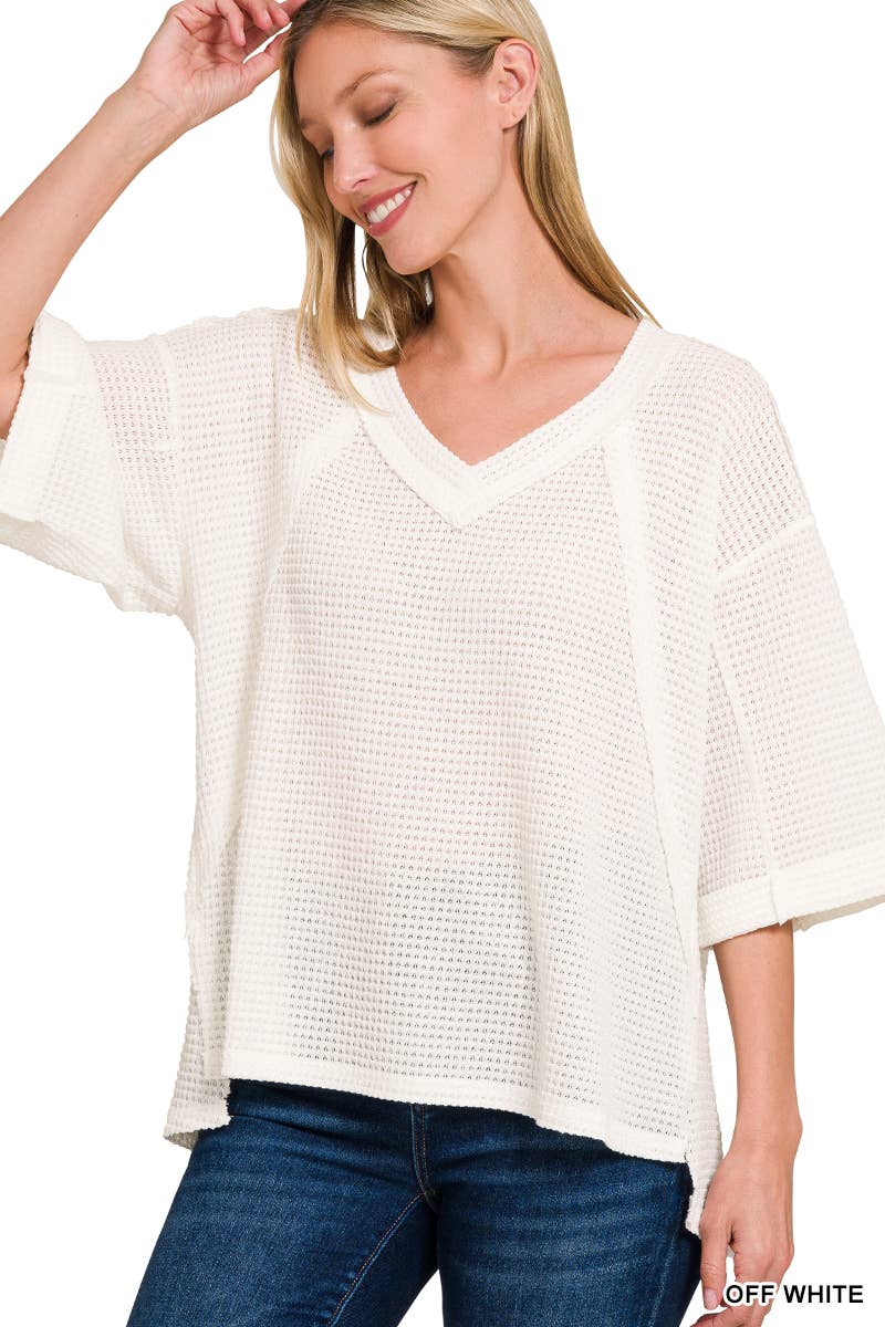 Brushed Waffle Exposed Seam 3/4 Sleeve Top