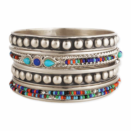 Betsy - Set of 9 Silver & Multi Bead Bangles