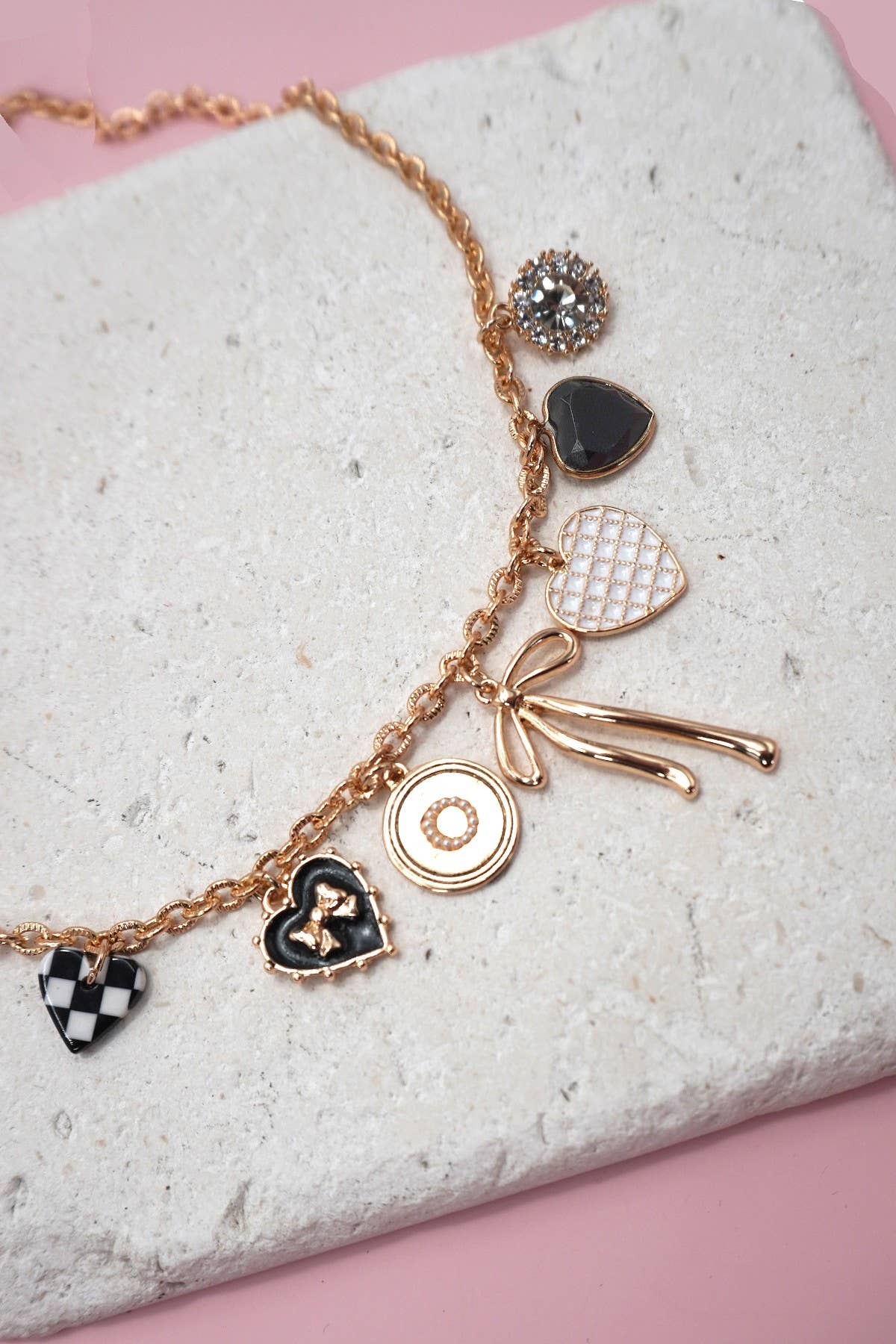 CHARM NECKLACE-CHECKER HEART RHINESTONE