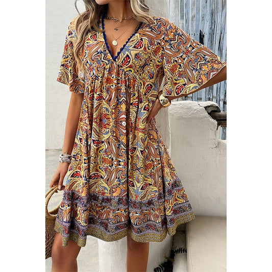 Gigi Dress-Allover Print Lace Trim Loose A Line Dress