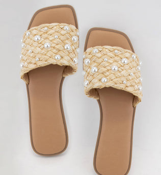 Panama-PEARL DECOR RAFFIA WOVEN UPPER SLIDE SANDAL
