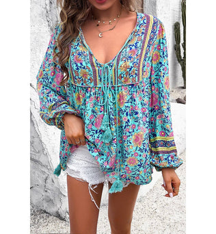 Yaya-Floral Print Cross Deep V Boho Top