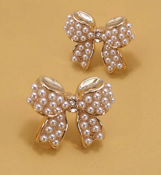 MINI PEARL BOW RIBBON GOLD EARRINGS