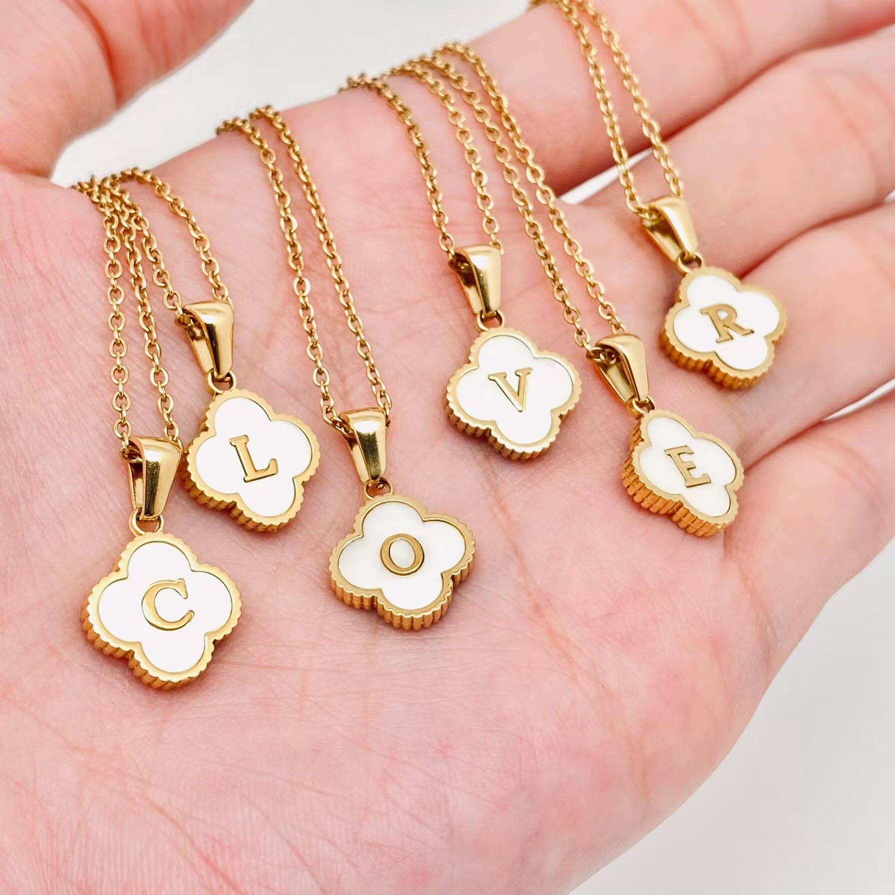 Clover Shell Initial Charm Golden Stainless Steel Necklace
