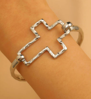 Hammered Open Cross Bangle - Silver or Gold