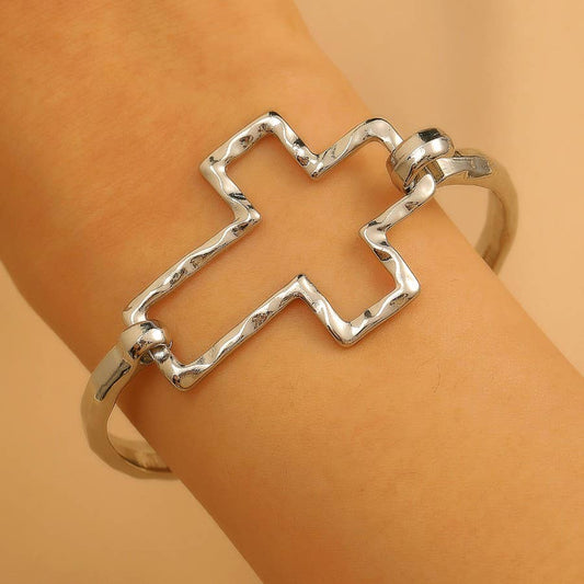 Hammered Open Cross Bangle - Silver or Gold