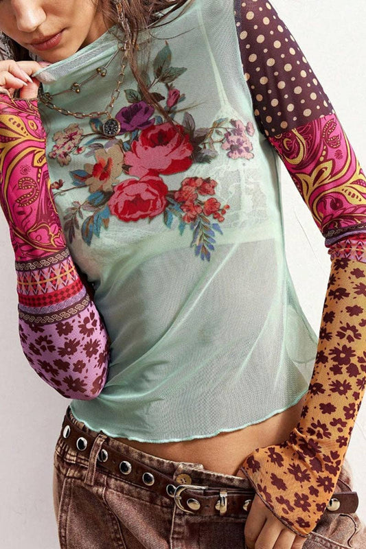 Mesh - Floral Mixed Pattern Sleeve Top