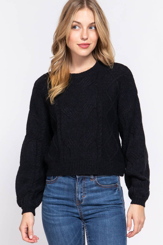 Ava-Long Sleeve Crew Neck Cable Detail Sweater