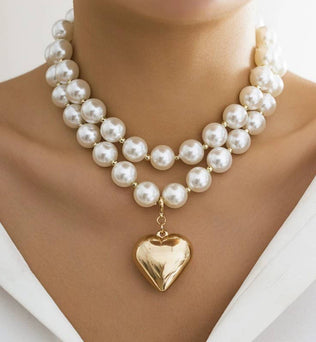 Audrey - PEARL BEADED LAYERED HEART NECKLACE