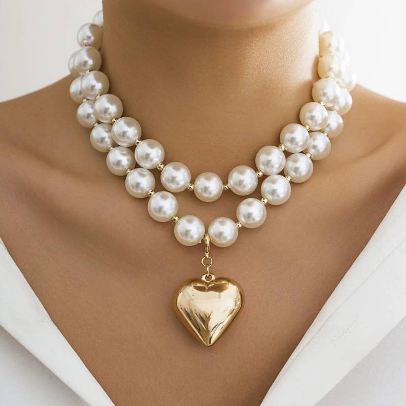 Audrey - PEARL BEADED LAYERED HEART NECKLACE