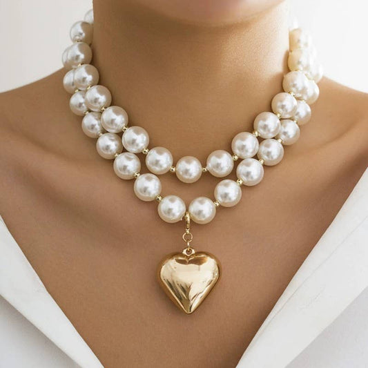 Audrey - PEARL BEADED LAYERED HEART NECKLACE