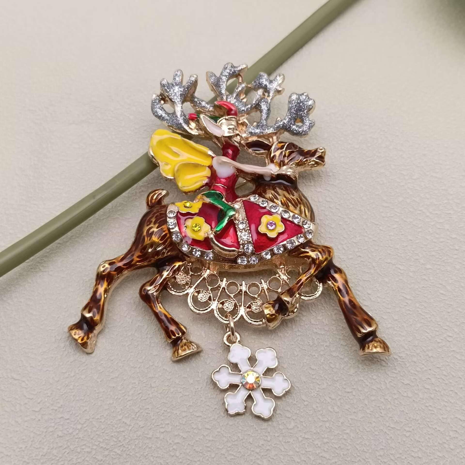 Christmas Snowflake Charm Enamel Reindeer Brooch