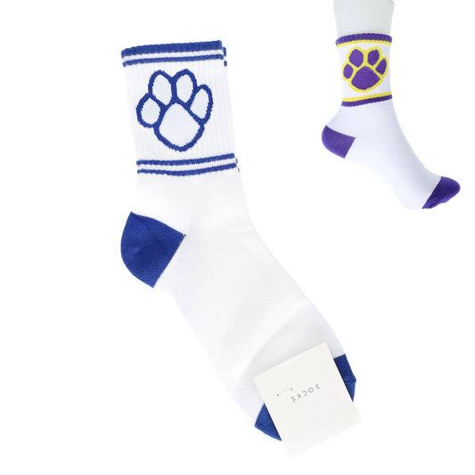Paw Print Cotton Knit Women's Crew Socks: Royal Blue & White