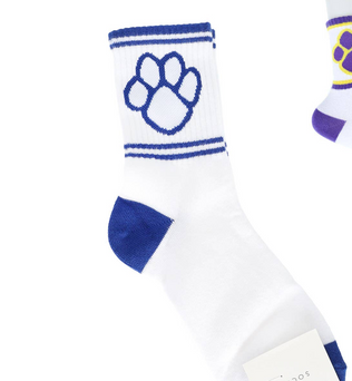Paw Print Cotton Knit Women's Crew Socks: Royal Blue & White