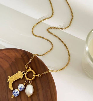 WESTERN FLORAL PORCELAIN PEARL CHARM NECKLACE |