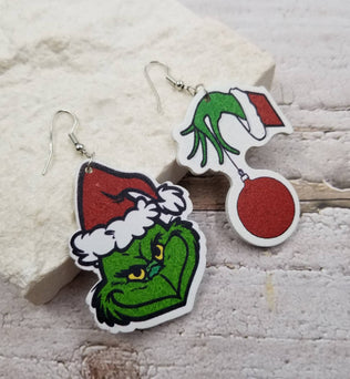 Grinch Christmas Asymmetrical Wood Earrings