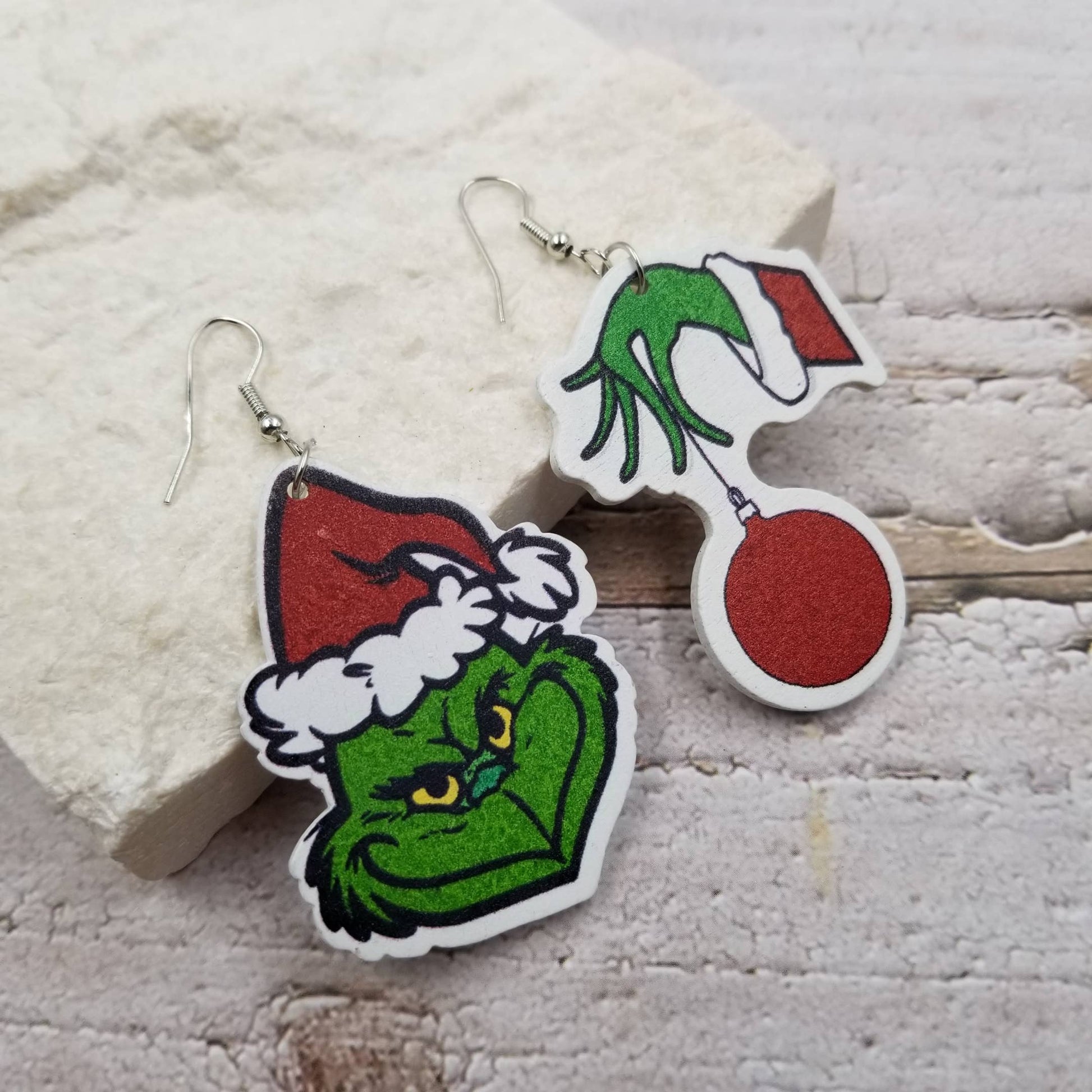 Grinch Christmas Asymmetrical Wood Earrings
