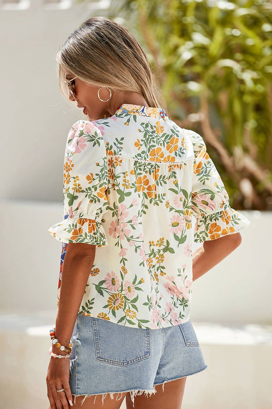 Donna - V Neck Half Sleeve Boho Floral Blouse