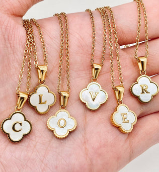 Clover Shell Initial Charm Golden Stainless Steel Necklace