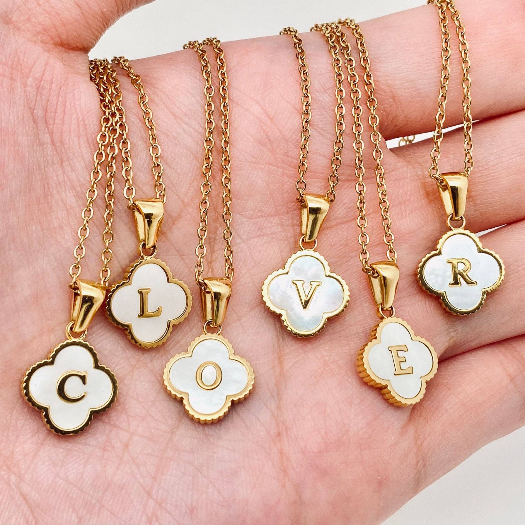 Clover Shell Initial Charm Golden Stainless Steel Necklace