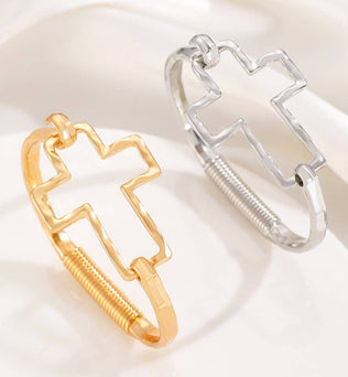 Hammered Open Cross Bangle - Silver or Gold