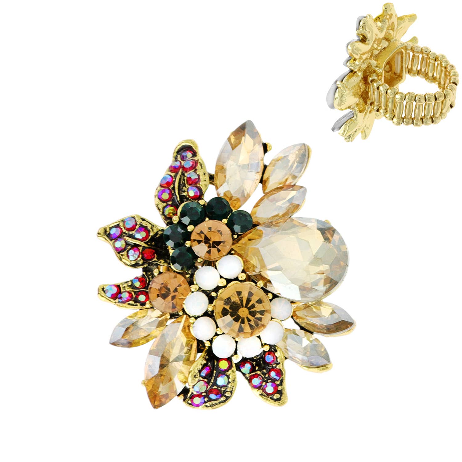 Vintage Crystal Gemstone Floral Stretch Ring