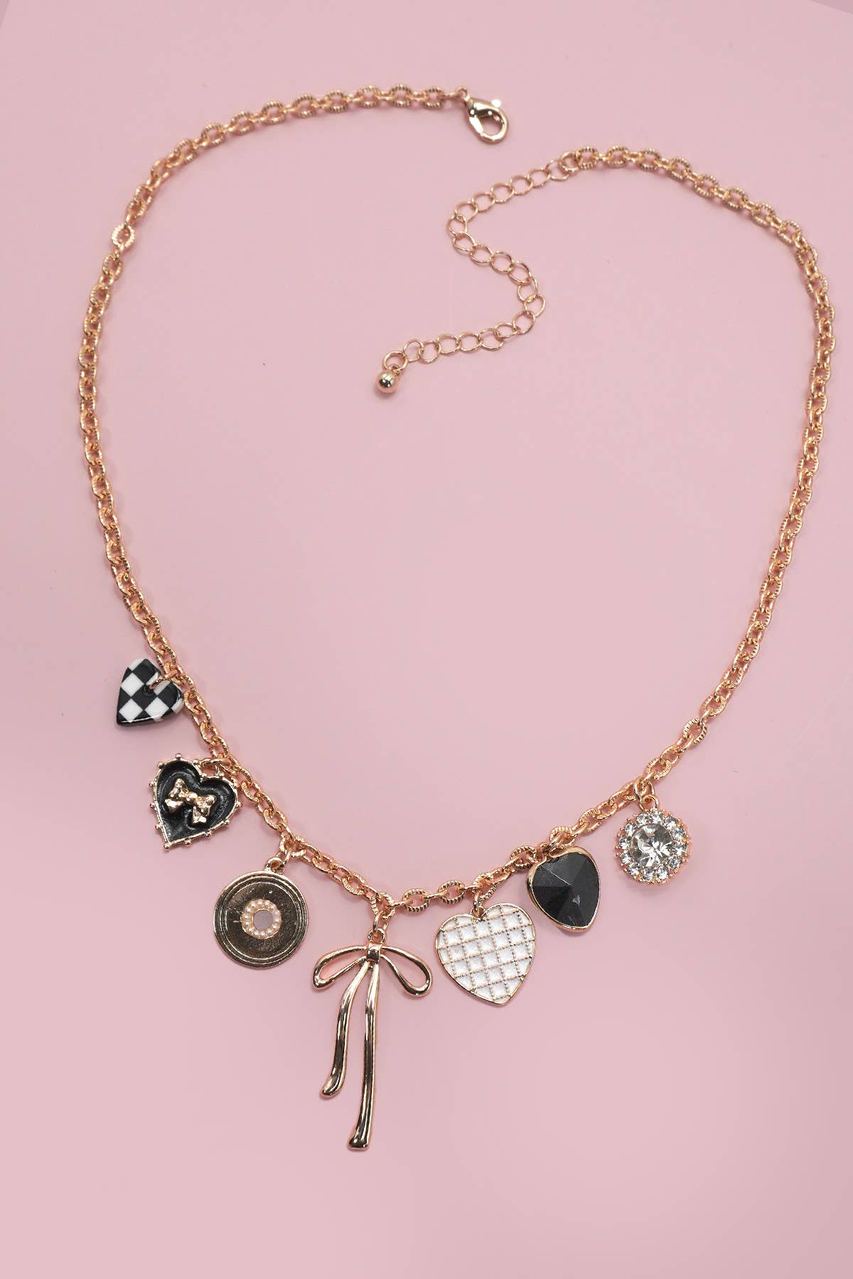 CHARM NECKLACE-CHECKER HEART RHINESTONE