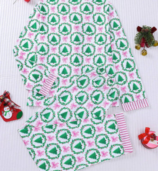 Pink Bow Christmas Trees Long Sleeve Pajama Set