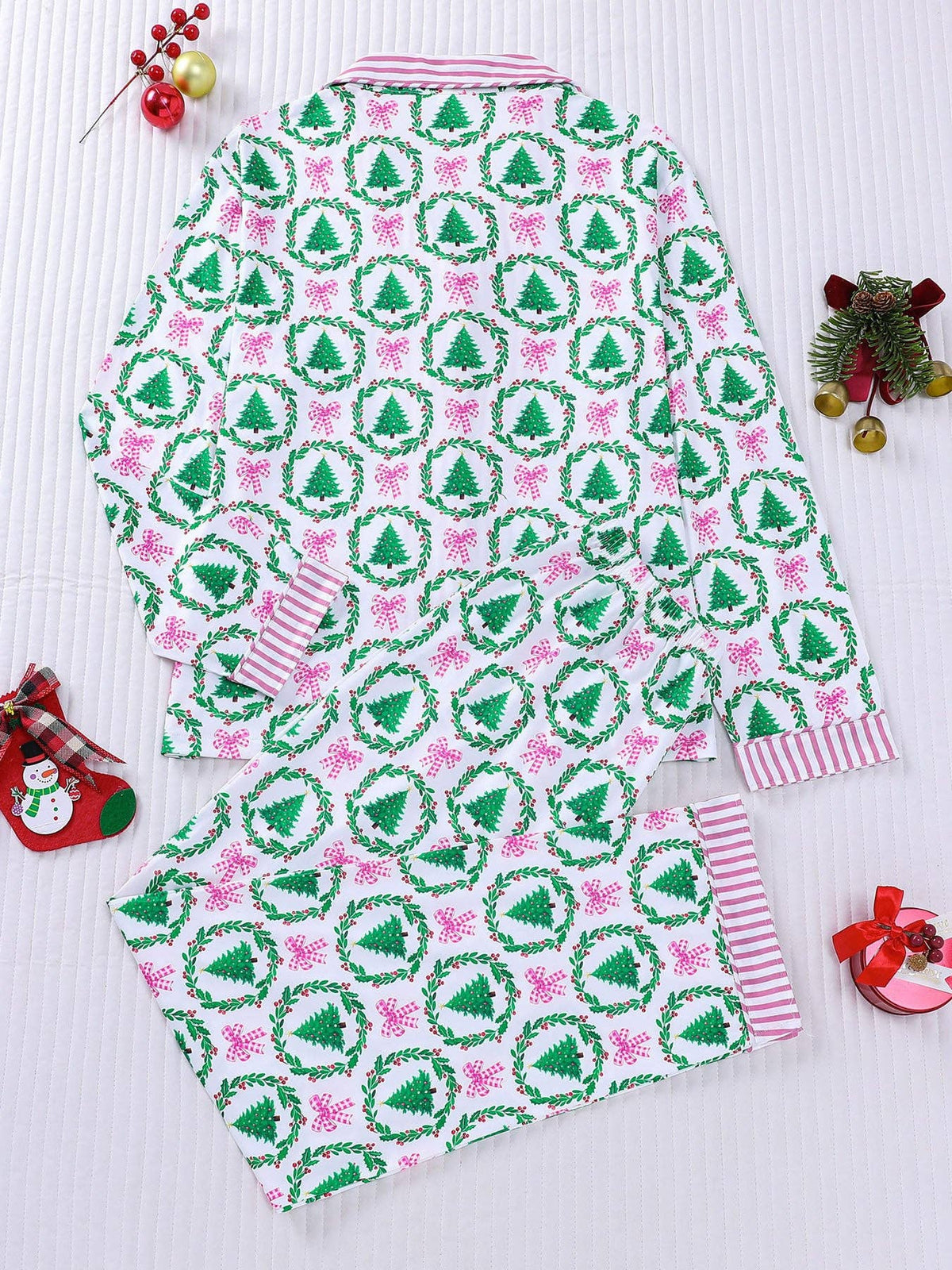 Pink Bow Christmas Trees Long Sleeve Pajama Set
