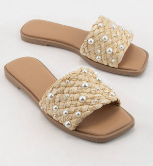 Panama-PEARL DECOR RAFFIA WOVEN UPPER SLIDE SANDAL