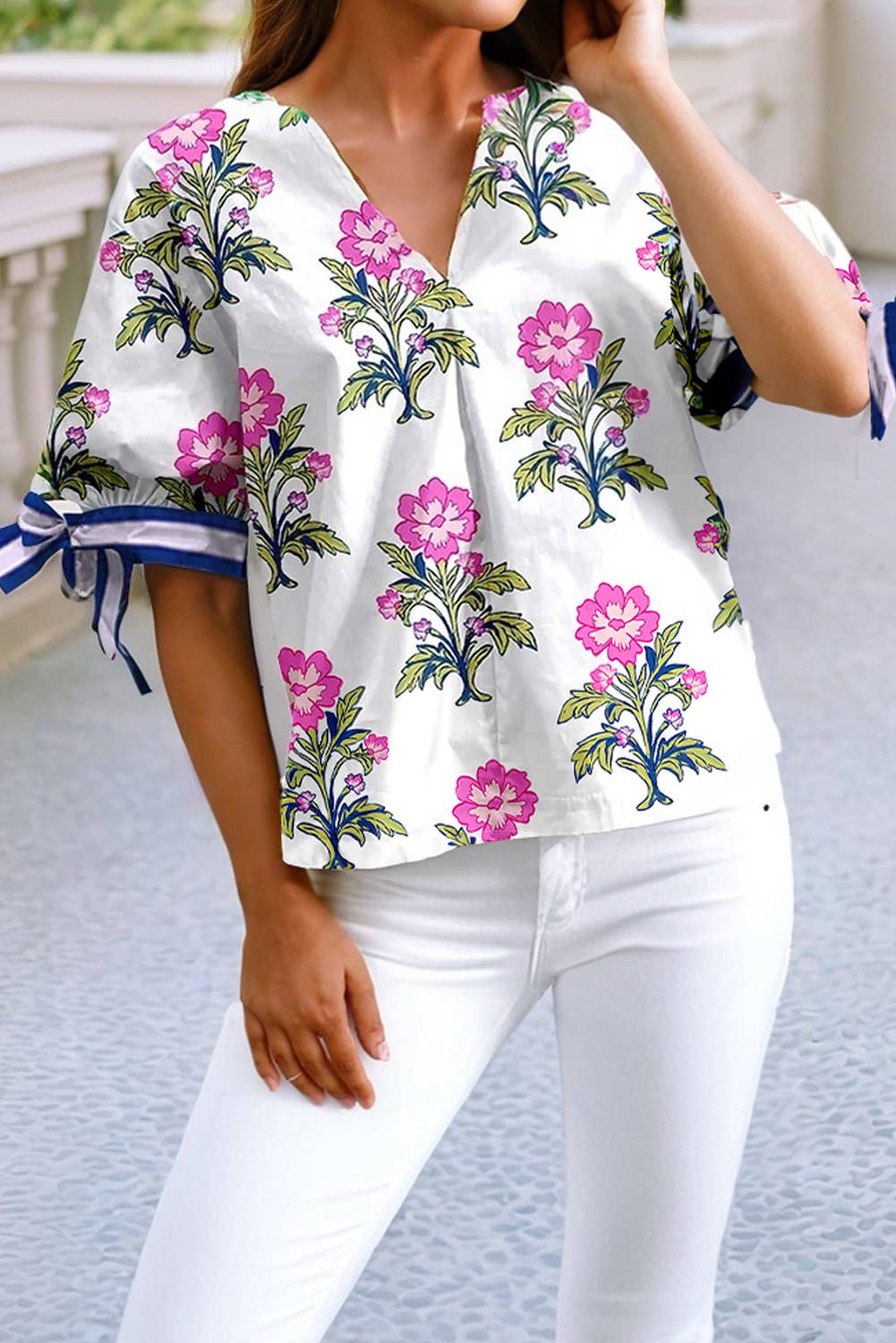 Becky - Floral Colorblock Stripe Knot Bubble Sleeve Blouse