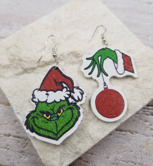 Grinch Christmas Asymmetrical Wood Earrings