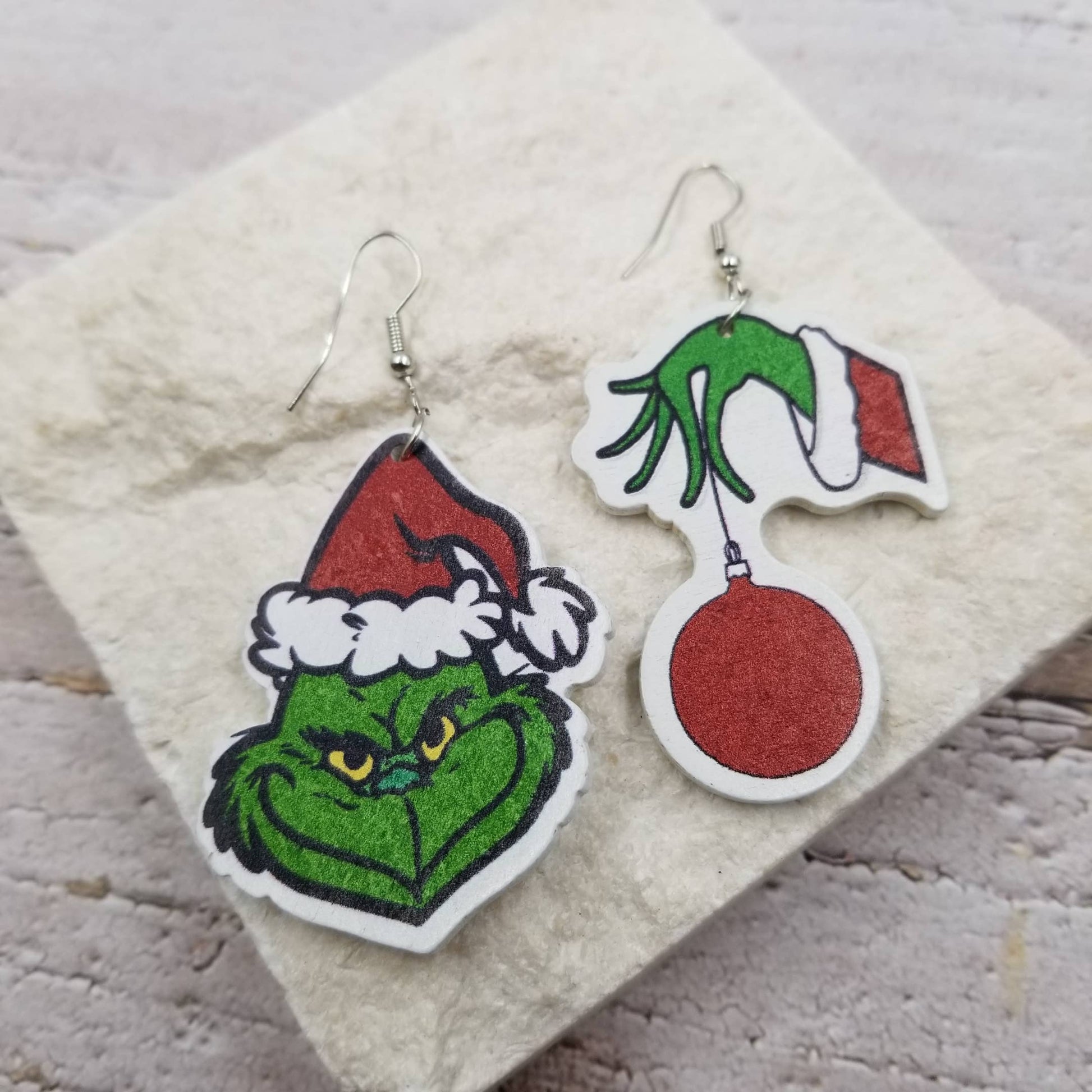 Grinch Christmas Asymmetrical Wood Earrings