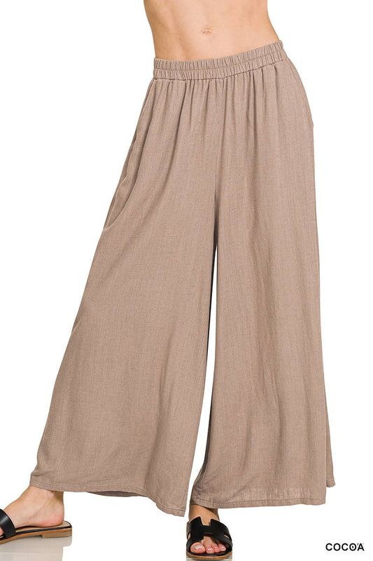 Date Night- WOVEN PLEATED LINEN BLEND WIDE LEG PANTS