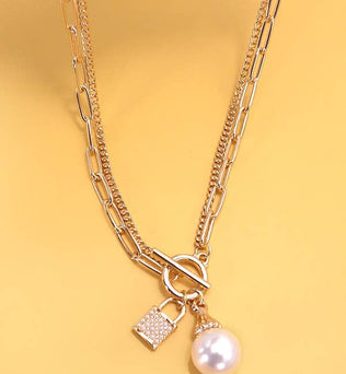 Ariel-PEARL LOCK CHARM DOUBLE LAYER TOGGLE NECKLACE