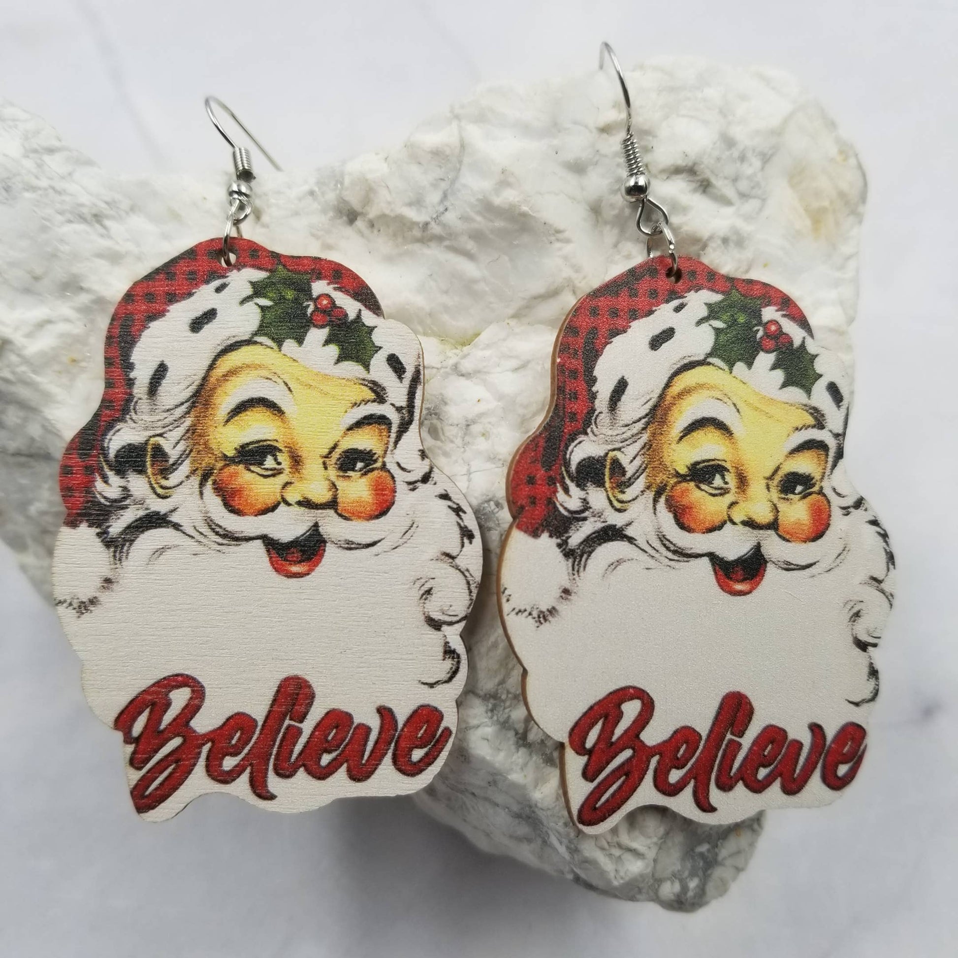 Wood Santa Christmas Earrings