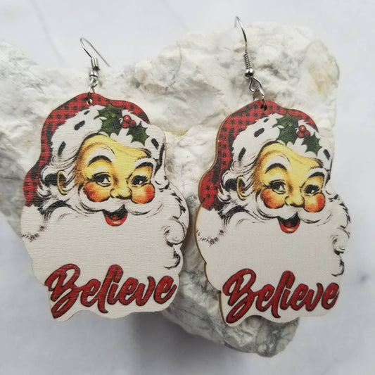 Wood Santa Christmas Earrings