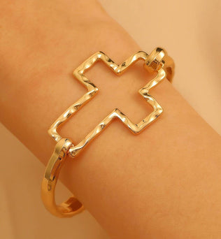 Hammered Open Cross Bangle - Silver or Gold