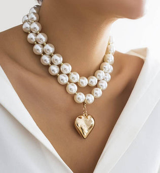 Audrey - PEARL BEADED LAYERED HEART NECKLACE