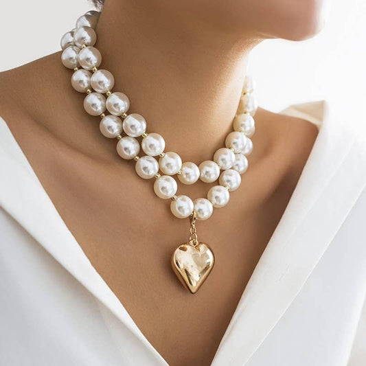Audrey - PEARL BEADED LAYERED HEART NECKLACE