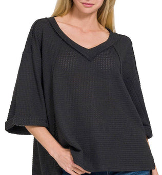 Brushed Waffle Exposed Seam 3/4 Sleeve Top