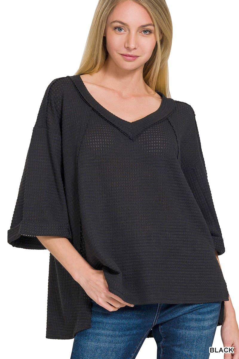Brushed Waffle Exposed Seam 3/4 Sleeve Top