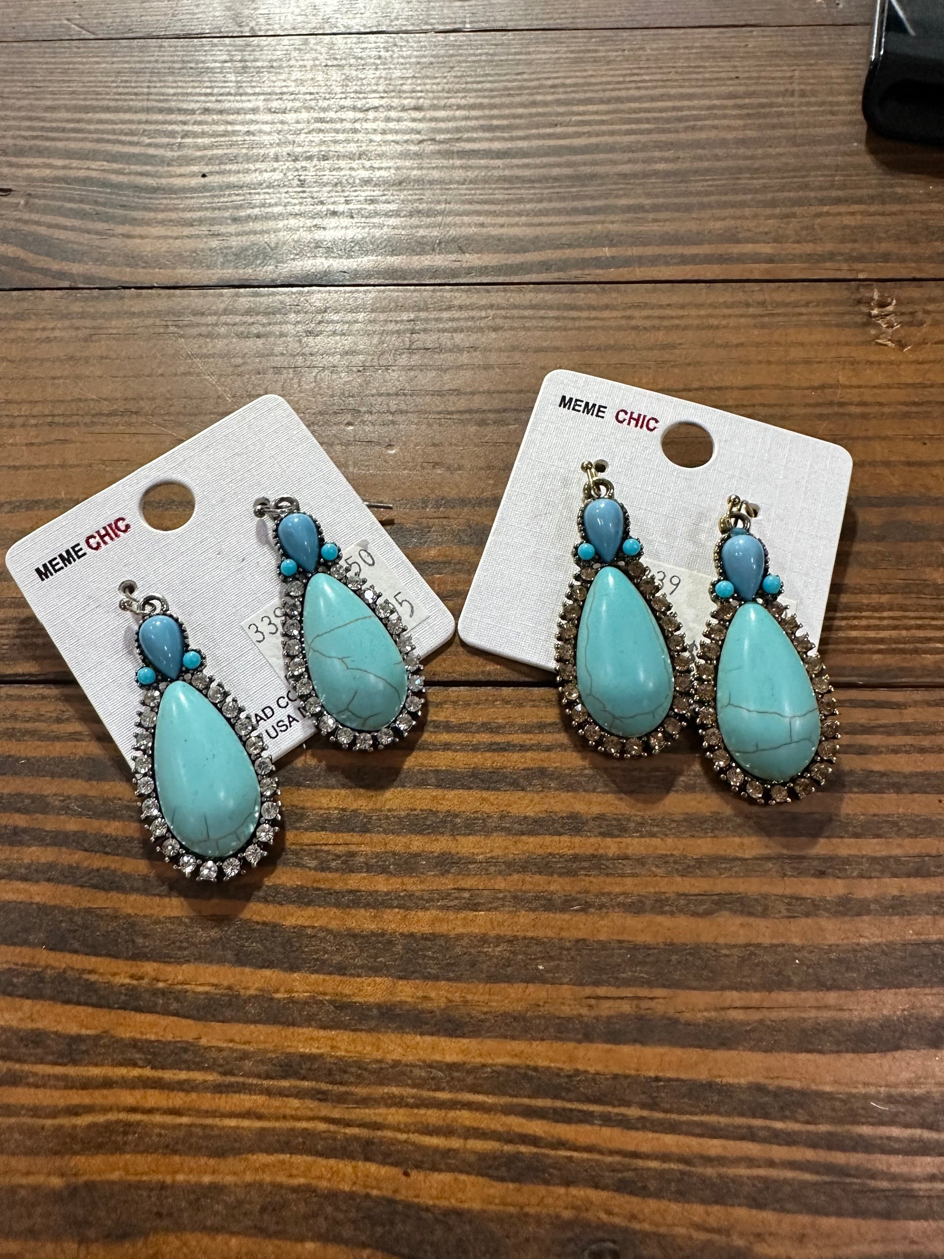 Teardrop turquoise earrings with rhinestones