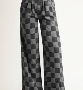Ainsley Lu-Checkered Wide Leg Jeans