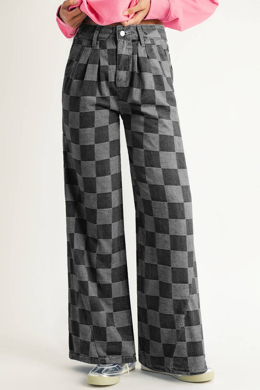 Ainsley Lu-Checkered Wide Leg Jeans