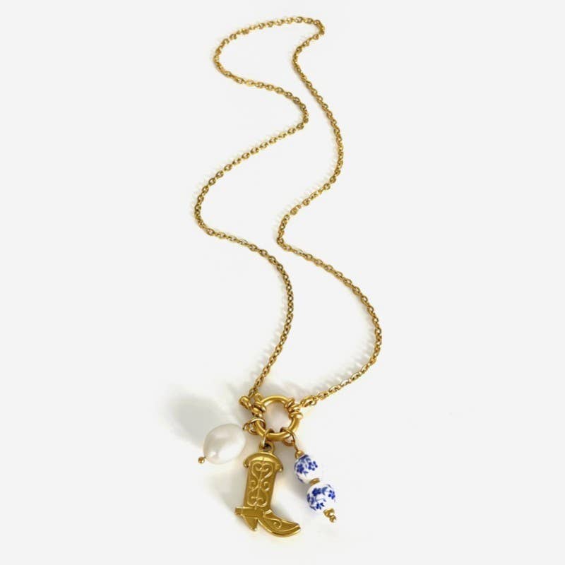 WESTERN FLORAL PORCELAIN PEARL CHARM NECKLACE |