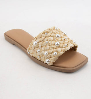 Panama-PEARL DECOR RAFFIA WOVEN UPPER SLIDE SANDAL