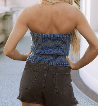 Vintage Bow Front Smocked Back Denim Tube Top
